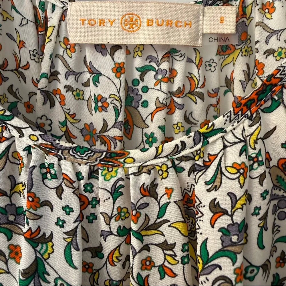 Tory Burch 100% Silk Botanical Woodblock Print Peasant Blouse Size 8 Boho Chic